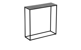 Konsolentisch Anisha mit einem schwarzen Gestell und einer silbernen Metalltischplatte. Schräge Seitenansicht