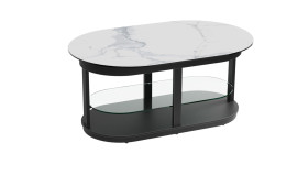 Couchtisch MONDO Varium: ovaler Couchtisch mit einer Tischplatte in weißer Marmoroptik, einer Glasablage und einem schwarzen Untergestell, mit Maßangaben.