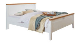 Doppelbett MONDO Basella in weiß aus Holzwerkstoff mit einer Absetzung in Wildeiche furniert.