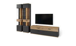 Wohnwand set one quincy in anthrazit mit Absetzung in Eiche Nachbildung mit Fernseher, Schrägansicht