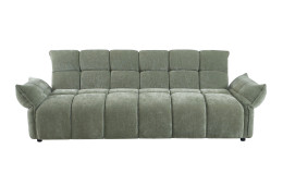 Schlafsofa Robin: Hellgrüner Bezug, segmentierte Polster, abgewinkelte Armlehnen, moderne Größe, Vorderansicht.
