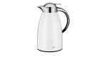Die Alfi Isolierkanne Signo 1 l ist eine elegante weiß-silberne Thermokaraffe mit geschwungenem Griff und Metallauslauf.
