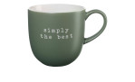 Ein grüner Henkelbecher Hey! 350 ml mit weißem Aufdruck "simply the best", Durchmesser 9 cm.