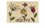 Die Astra Fußmatte Coco Style 40 x 60 cm zeigt bunte Blumen, grüne Blätter und "Welcome" in schwarzer Schreibschrift.
