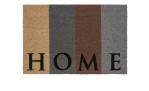 Die Astra Fußmatte Coco Style 40 x 60 cm ist mehrfarbig mit HOME in schwarzer Schrift und vier Farbblöcken aus Kokos.