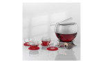 Feuerzangenbowle-Set 11-tlg: Teekanne aus Glas mit Sieb, 4 Glastassen auf roten Untersetzern und ein Kerzenhalter.