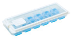 Eiswürfelform Cubo Plus: rechteckige Schale mit transparentem Deckel und blauen Fächern zur Herstellung und Aufbewahrung von Eiswürfeln.