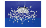 LED-Deckenleuchte Crystal 77 cm von B-Leuchten mit verzweigten, silbernen Armen und klaren Glastropfen, für die Deckenmontage.