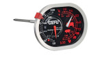 Rundes GEFU Ofenthermometer Messimo in Silber mit schwarzen Akzenten und roten Fleischsymbolen auf weißem Hintergrund.