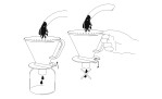 Strichzeichnung zeigt Pour-over-Kaffee in einem GEFU Kaffeefilter Fabiano Größe 4; der Durchfluss stoppt, wenn der Filterkegel angehoben wird.