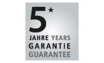 GEFU Feinreibe Rafino: Silbernes Abzeichen aus Metall oder Kunststoff, mit 5 Jahren Garantie und einem Stern neben der Zahl 5.