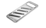 Der GEFU Gemüse- und Kartoffelhobel Retaro ist ein rechteckiges Silber-Metallgerät mit fünf Slots und rundem Griff.