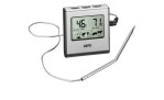 Das GEFU Bratenthermometer Tempere ist ein digitales Fleischthermometer mit Fühler, Tiersymbolen und Schwarzmetallgehäuse.