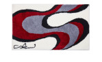 Weiß-rot gemustert zeigt Badteppich Colani 11 (60x100 cm) abstrakte Wellen und schwarze Signatur aus Synthetik.
