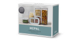 Mepal Starter-Set Modula 5-tlg. stapelbare weiße Kunststoffbehälter, hier mit Nudeln und Kräutern im Inneren.