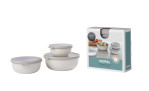 Drei weiße Mepal Multischüssel-Set Cirqula 3-tlg. Schalen mit grauen Deckeln neben ihrer Schachtel.