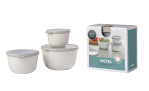 Drei weiße Mepal Multischüssel-Set Cirqula 3-tlg. Schalen mit grauen Deckeln neben ihrer Verpackungsbox.