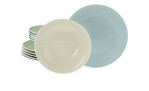Das Creatable Tafelservice Valencia 12-tlg.-Set besteht aus 28 cm großen gerippten Tellern in Hellblau und Creme auf weißem Grund.