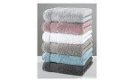 Ein Stapel von sechs Handtüchern Cawö Handtuch Uni 50 x 100 cm in grau, rosa, koralle, beige, blau und dunkelgrau auf weiß.
