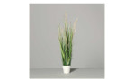 Gras 96 cm aus Kunststoff in grün mit weißen Applikationen und Untertopf. Auf einem grauen Hintergrund.