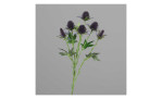 Distelzweig 57 cm aus Kunststoff mit grünen Stiel und Blätter und lila Applikationen. Auf einem grauen Hintergrund.