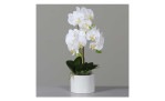 Orchidee-Phalaenopsis 55 cm aus Kunststoff mit weißen Blüten und Untertopf und grünen Stiel und Blätter. Auf einem grauen Hintergrund.