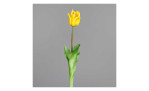 Tulpe 48 cm aus Kunststoff und Polyurethan mit einer gelben Blüte und grünen Stiel und Blätter. Auf einem grauen Hintergrund.