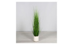 Gras 150 cm aus Kunststoff im weißen Topf, auf grauem Boden vor hellem Hintergrund.