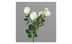 Mini-Rosenzweig 37 cm aus Kunststoff mit weißen Blüten und grünen Stiel und Blätter. Auf einem grauen Hintergrund.