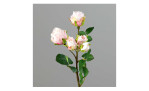 Mini-Rosenzweig 37 cm aus Kunststoff mit rosa Blüten und grünen Stiel und Blätter. Auf einem grauen Hintergrund.