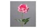 Rose 68 cm aus Kunststoff mit einer pinken Blüte und grünen Stiel und Blätter. Auf einem grauen Hintergrund.