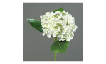 Hortensie 44 cm aus Kunststoff mit weißen Blüten und grünen Stiel, Blätter und Applikationen. Auf einem grauen Hintergrund.