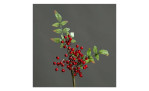 Hagebuttenpick 18 cm in rot mit grünen Stiel und Blätter. Auf einem grauen Hintergrund.