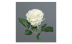 Rose 31 cm aus Kunststoff in weiß mit grünen Stiel und Blätter. Auf einem grauen Hintergrund.