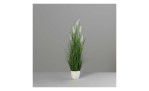 Gras 80 cm aus Kunststoff in grün mit weißen Applikationen und Untertopf. Auf einem grauen Hintergrund.