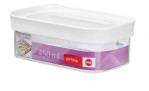 Emsa Vorratsdose Optima 450 ml - rechteckiger transparenter Behälter mit weißem Deckel und lila Etikett.