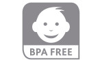 Graues lächelndes Babygesicht-Symbol über fettgedrucktem BPA FREE auf transparenter Vorratsdose Optima 450 ml von Emsa.