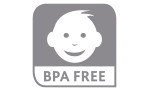 Graues Symbol eines lächelnden Babygesichts über "BPA FREE" auf transparentem Kunststoff der Emsa Frischhaltedose Clip & Close 1,75 l.