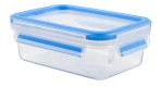 Emsa Frischhaltedose Clip & Close 800 ml: rechteckiger Kunststoffbehälter mit blauem Deckel und Clips, isoliert auf Weiß.