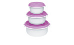 Drei Emsa Starter-Set Micro Family 3-teilige Behälter mit rosafarbenen Deckeln, sauber gestapelt vor weißem Hintergrund.