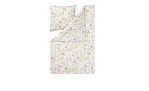 Mako-Jersey-Bettwäsche Marica 155x200 cm: weiche Baumwollgarnitur mit pastellfarbenem Blumendruck auf knackigem Weiß.