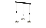 Die Fischer-Honsel LED-Pendelleuchte Lavin 100 cm hat drei Glasschirme und eine rechteckige Deckenhalterung aus schwarzem Metall.