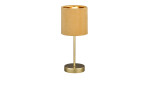 Die Fischer-Honsel Tischleuchte Aura 34 cm hat einen goldenen Ständer, einen runden Fuß und einen Samtstoffschirm.