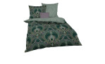 Grüne und graue Satin-Bettwäsche Maison 135 x 200 cm mit Blattmuster und passendem Bezug auf weißem Hintergrund.