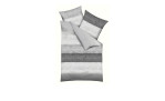 Jersey-Bettwäsche Cando 155 x 220 cm, grau-weiß gestreift, mit zwei Kissen und gefaltetem Bezug auf weißem Untergrund.