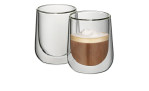 Zwei Cappuccinoglas Fontana 180 ml Tassen, eine leer und eine mit Cappuccino, auf einem weißen Hintergrund.