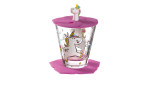 Das Leonardo Kinder-Trinkset Bambini 3 tlg. hat ein Einhornglas, einen rosa Silikondeckel und einen passenden rosa Untersetzer.