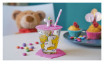 Das Leonardo Kinder-Trinkset Bambini 3tlg. besteht aus einem Einhornglas mit rosa Silikondeckel, Strohhalm und Cupcakes.