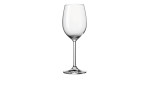 Ein einzelnes Leonardo Weißweinglas Daily 370 ml steht aufrecht auf einem weißen Dekorationshintergrund.