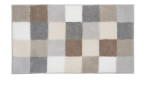 Badteppich Caro mit einem Karierten Muster mit den Farben Grau, Beige, Braun und Weiß. Mit den Maßen von 60 x 105 cm und in diesem Bild aus der Draufsicht zusehen. 